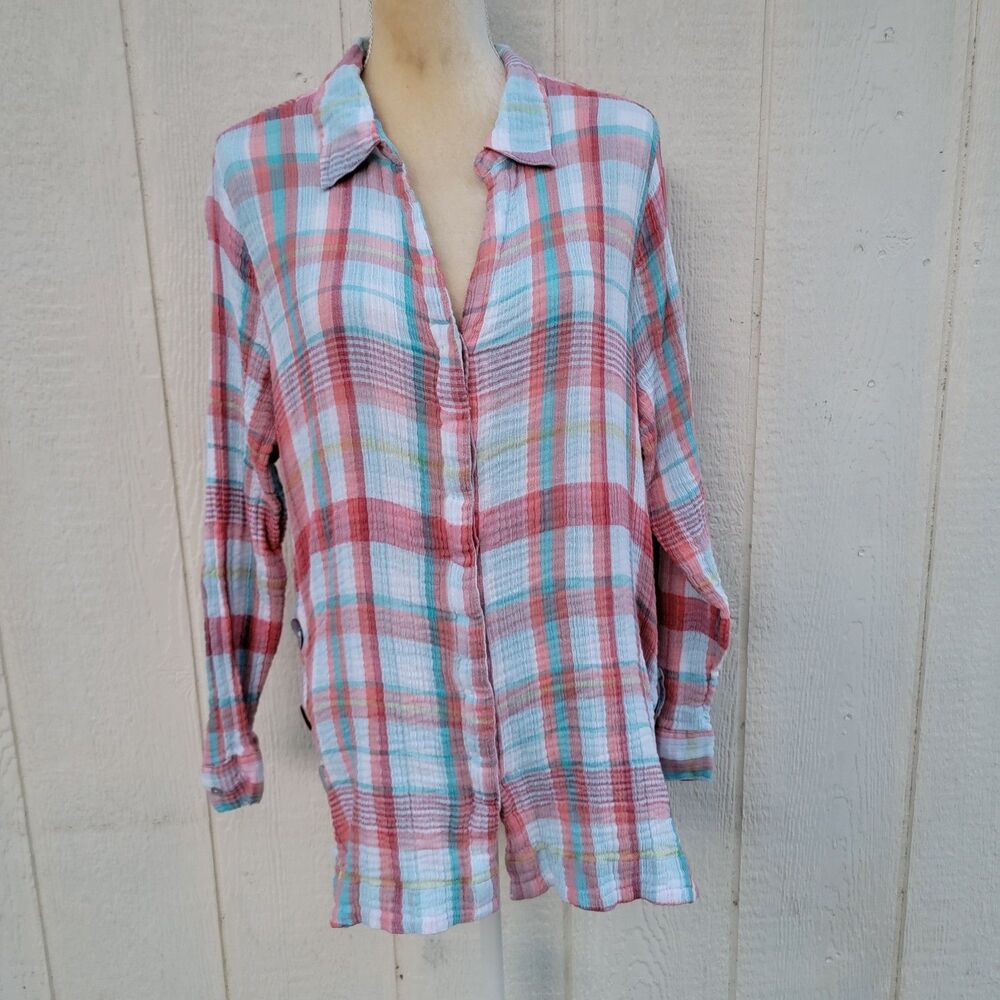 Soft surroundings plaid multi colored embroidered button down blouse wmns sz 1X